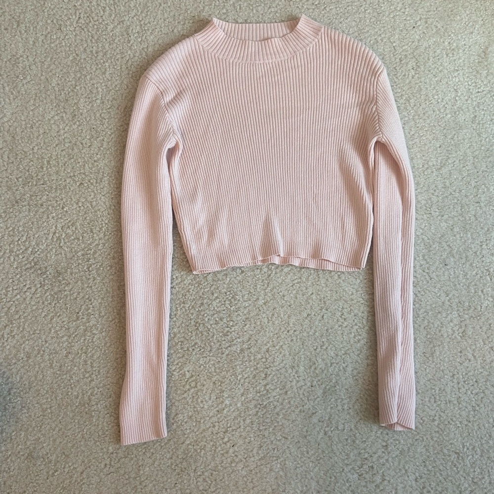 Pink Ribbed Long Sleeve Crop Top